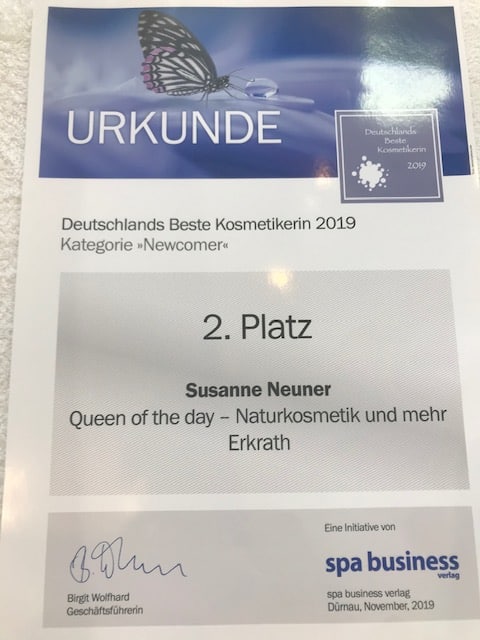 Urkunde Deutschlands beste Kosmetikerin 2019, 2. Platz